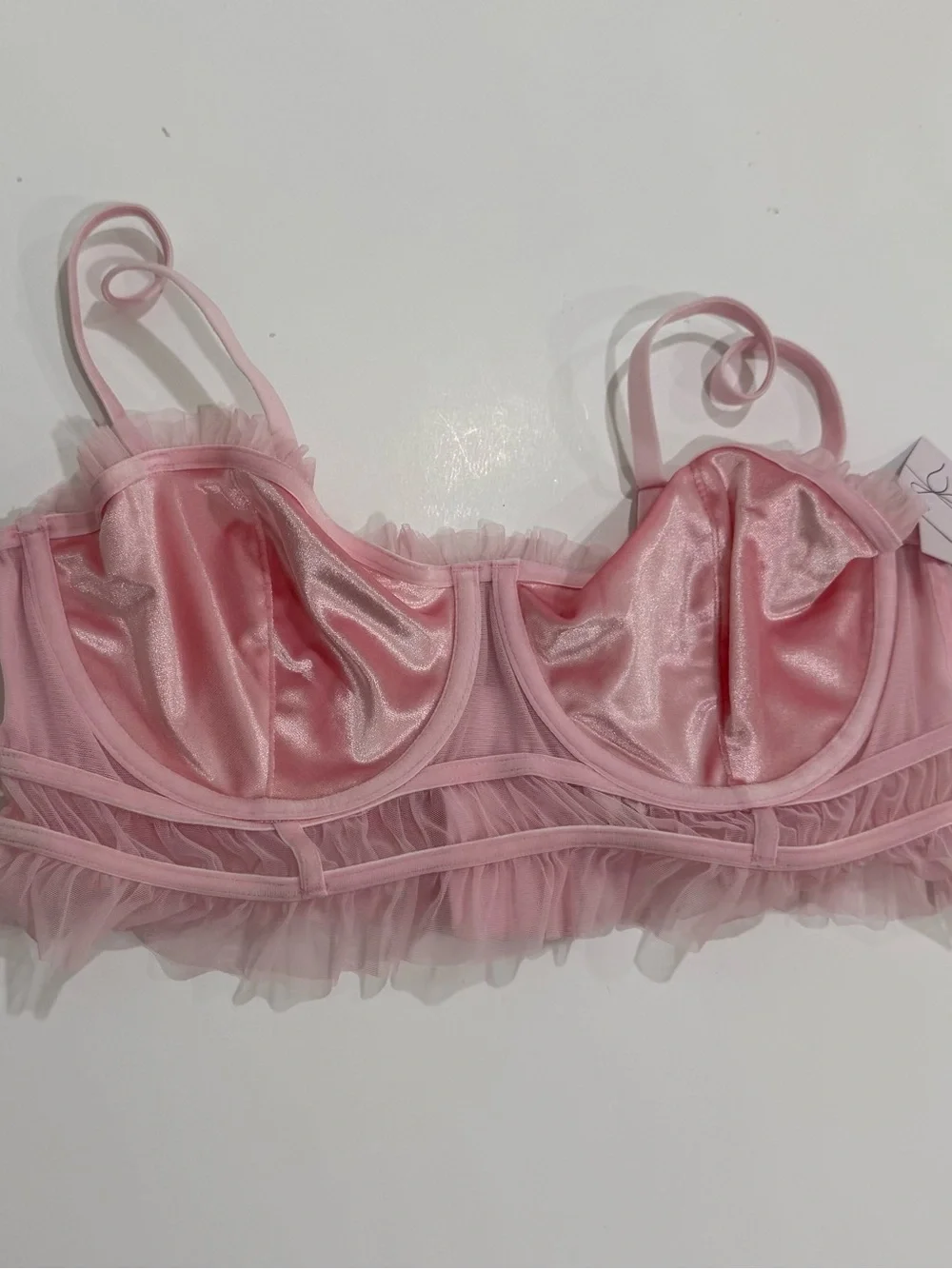 NWT Auden Pink Satin Mesh Ruffle Underwire Bralette Corset Top Size Large - Picture 2 of 8
